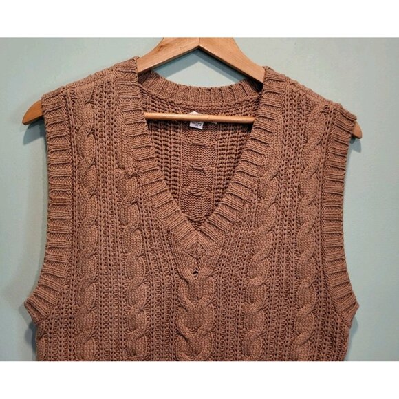 Tan Cableknit V Neck Sweater Vest Preppy Academia American Eagle Sz S - Picture 2 of 6